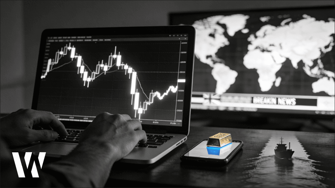 Nighttime crypto trading desk showing a volatile Bitcoin chart, gold bar, and global breaking news background during weekend market tension