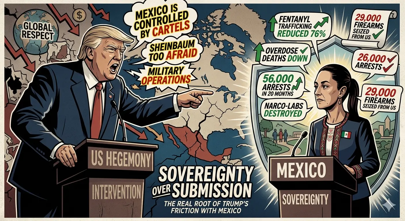 Illustration comparing Donald Trump and Mexico’s president debating sovereignty, security, and cartel policy.