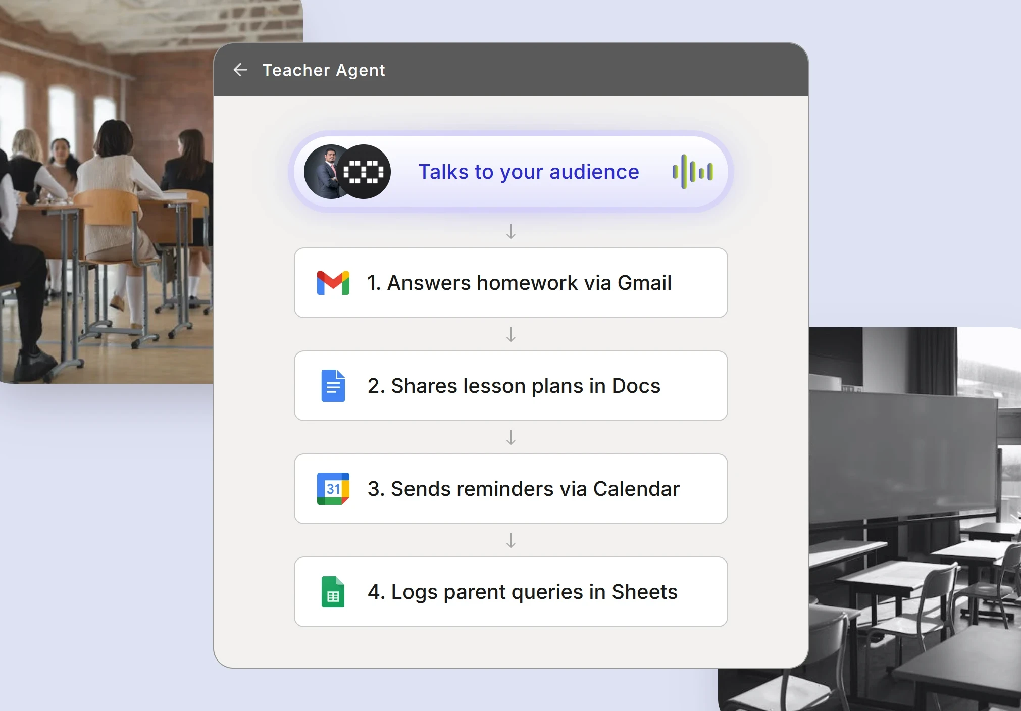 Automated school teacher system workflow showing Gmail, Google Docs, and Google Calendar integration