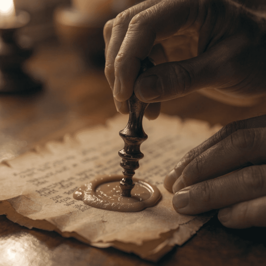 A realistic macro photograph of a pair of hands carefully sealing a folded parchment letter with a warm, glowing #8C7D64 Aged Bronze wax stamp. The lighting is intimate and "calid," with a single candle flame illuminating the fine texture of the paper and casting rich #0F151E shadows across the wooden table. Atmospheric, professional, and evocative of timeless legacy.