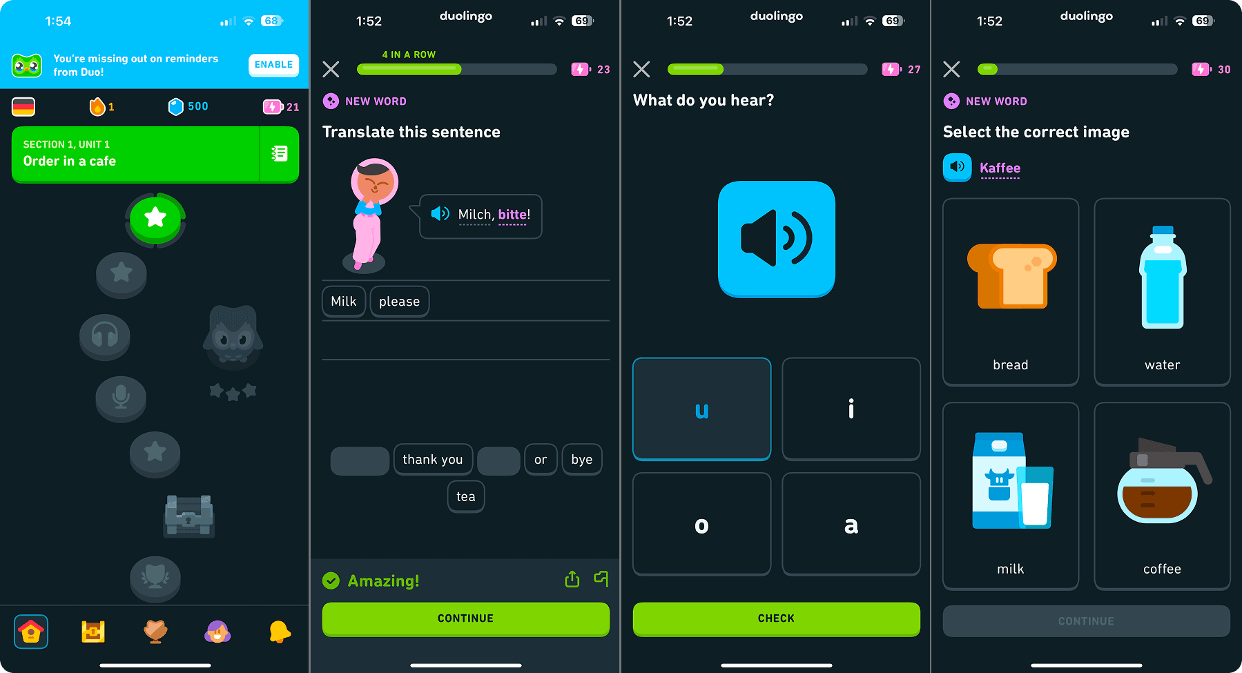 Screenshots of Duolingo being used to learn German as a beginner. Shows multiple learning games that Duolingo utilizes within a lesson, and the progression map of learning German on Duolingo.