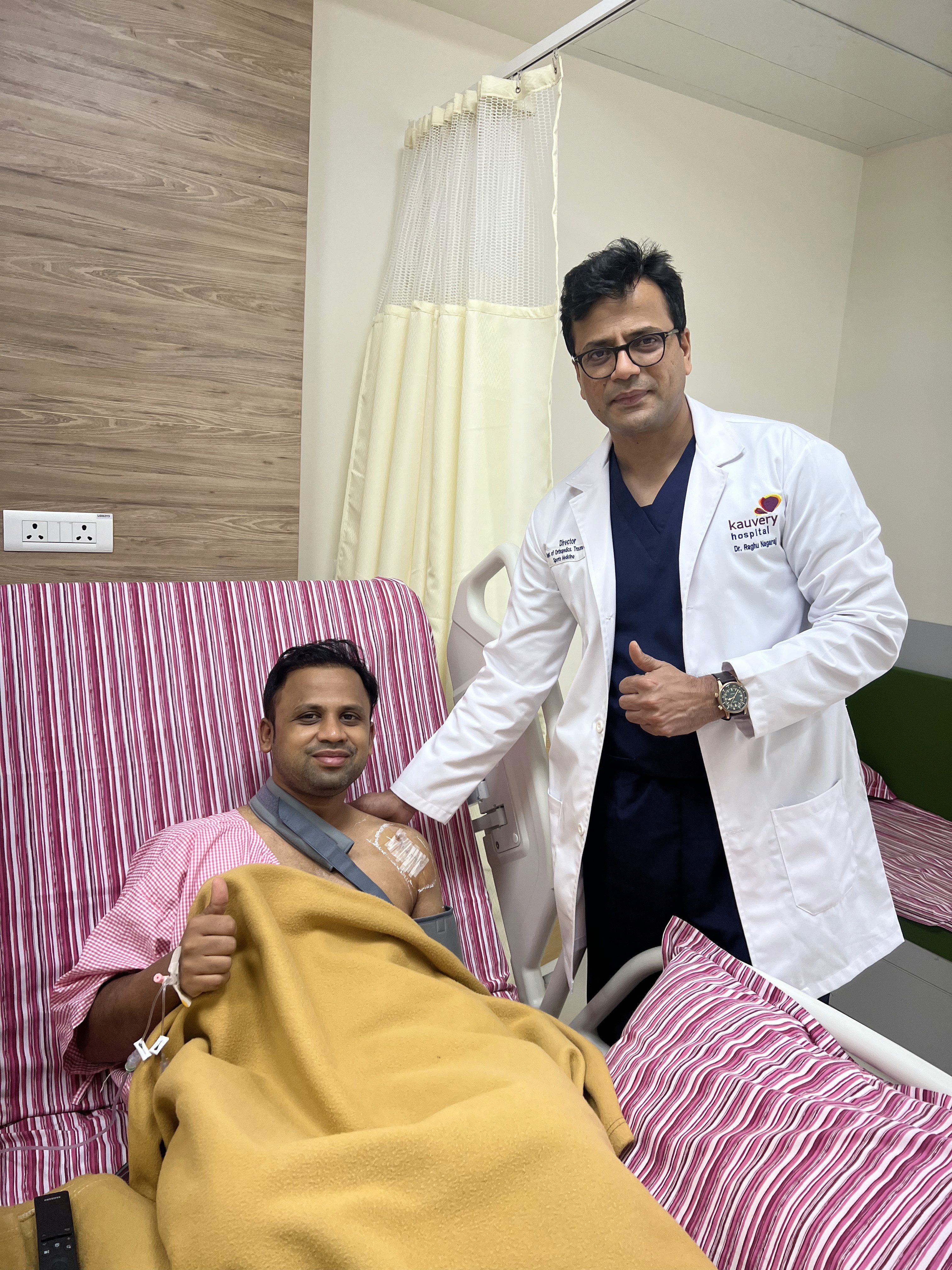 Written feedback praising Dr. Raghu Nagaraj's compassionate care during joint replacement surgery.