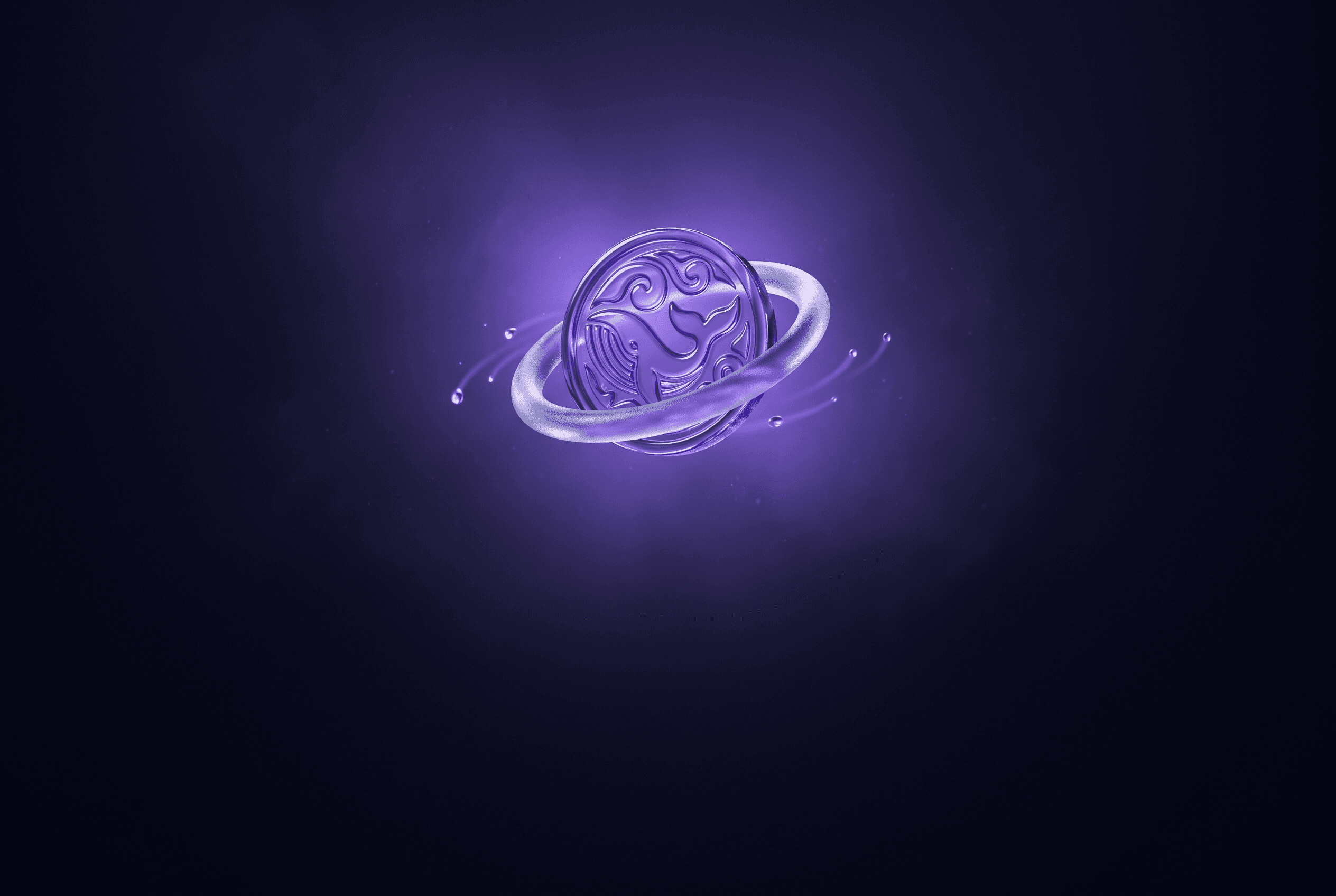 Violet glass coin passing between two exchange rings with droplets leaking from the seam, illustrating FX conversion fee leakage