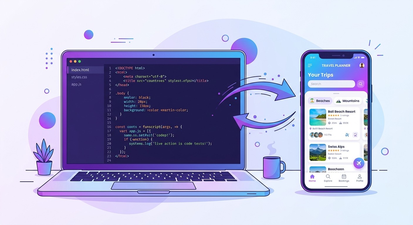 Illustration of a laptop showing a code editor connected to a smartphone displaying a live app preview.