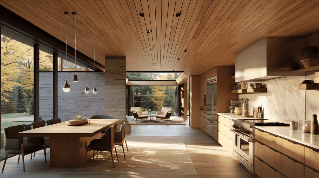 Contemporary open kitchen and dining space with slatted wood ceiling, marble backsplash, and glass walls overlooking nature