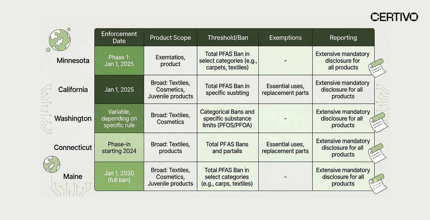 US state PFAS regulations comparison table for manufacturers tracking compliance deadlines