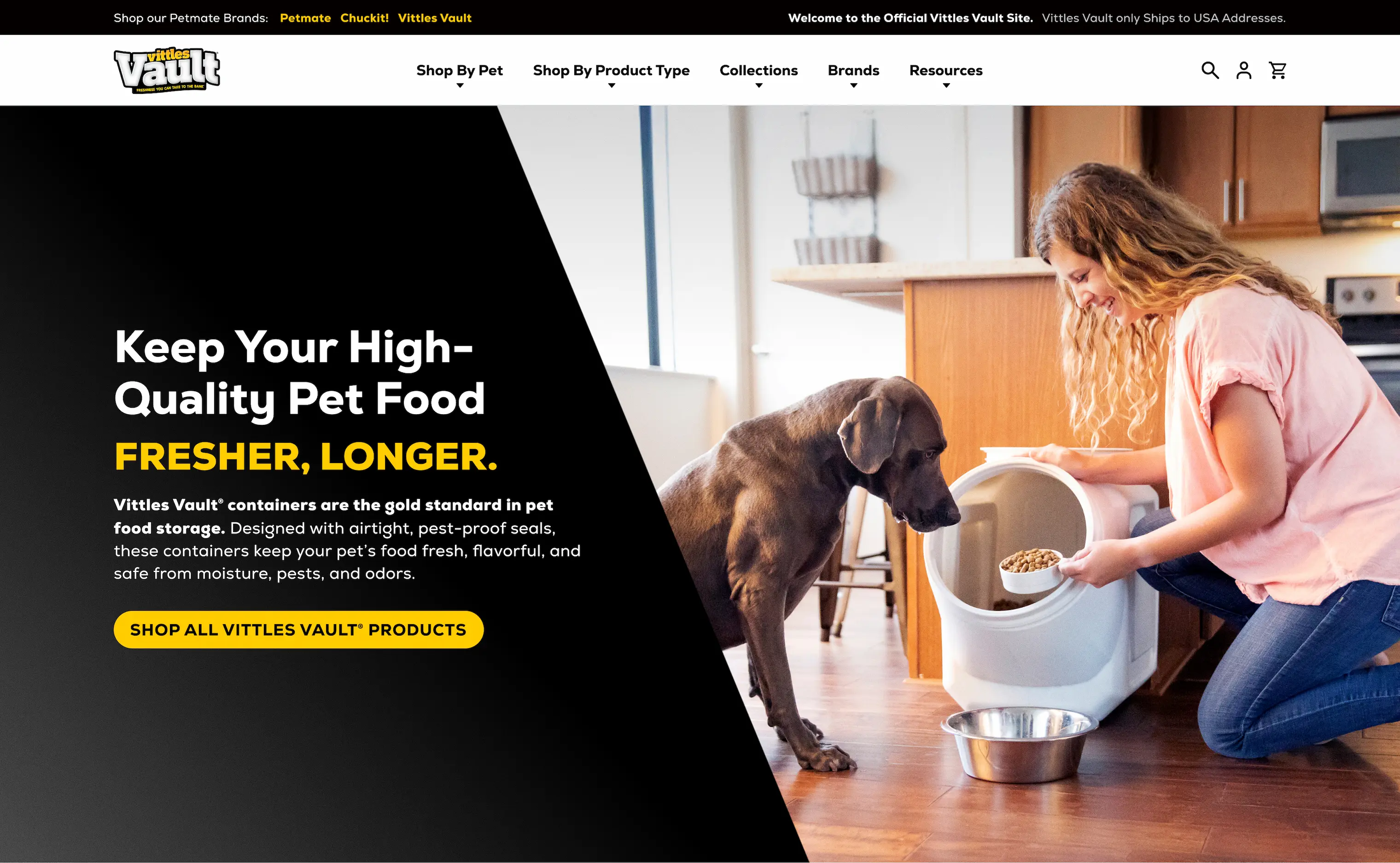 Website design for Vittles Vault — Shopify pet food storage storefront with branded product photography, bold yellow accent colors, and dark hero section