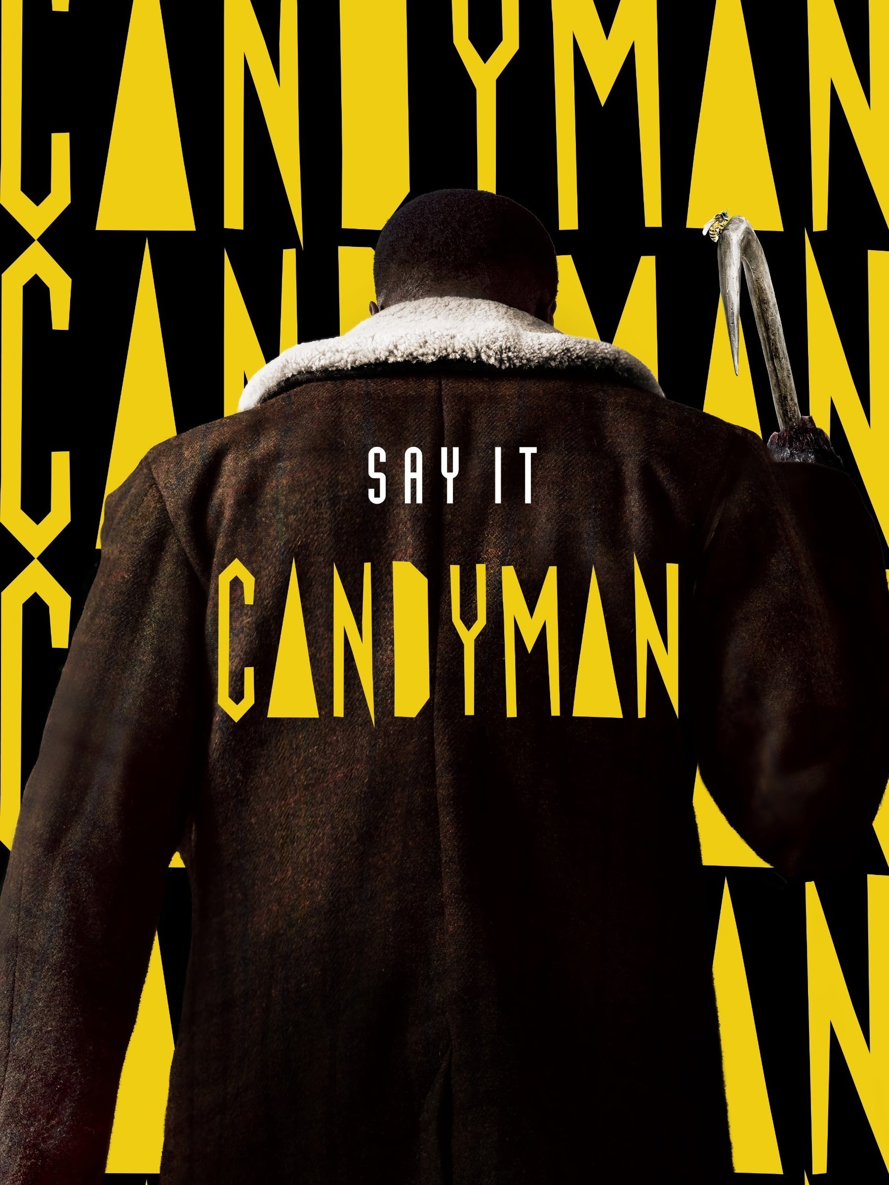 Movie poster showing a man with a hook hand and fur-collared coat, text reading “Say It Candyman” in bold yellow letters.