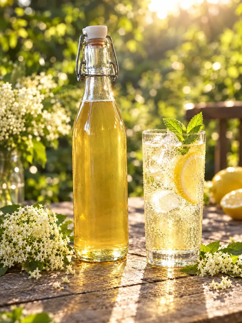 Mit KI erstelltes Werbebild: dieselbe Flasche Holunderblütensirup auf einem Gartentisch, daneben ein Glas mit Eis und Minze