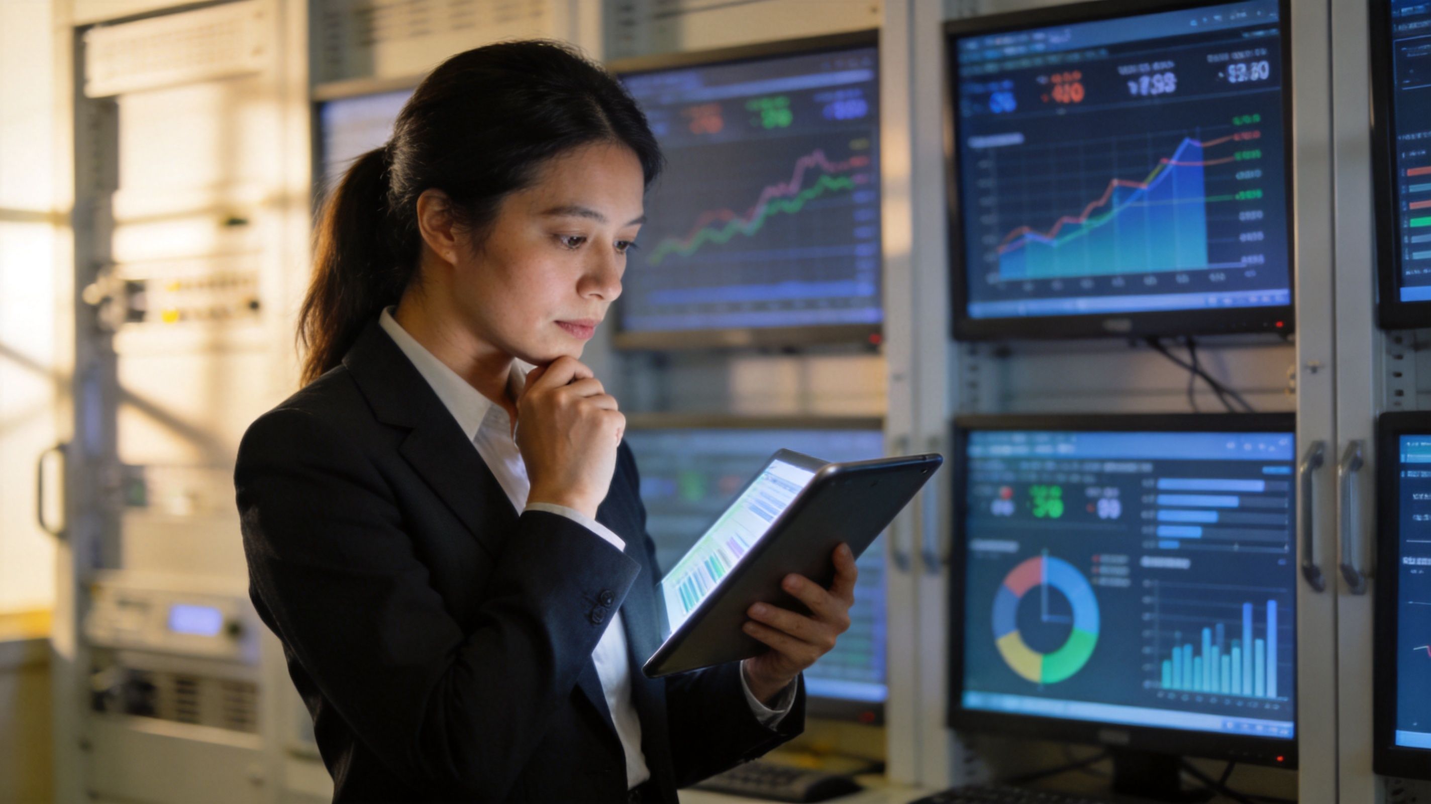 A professional woman in a suit analyzing data on a tablet inside a modern server room.