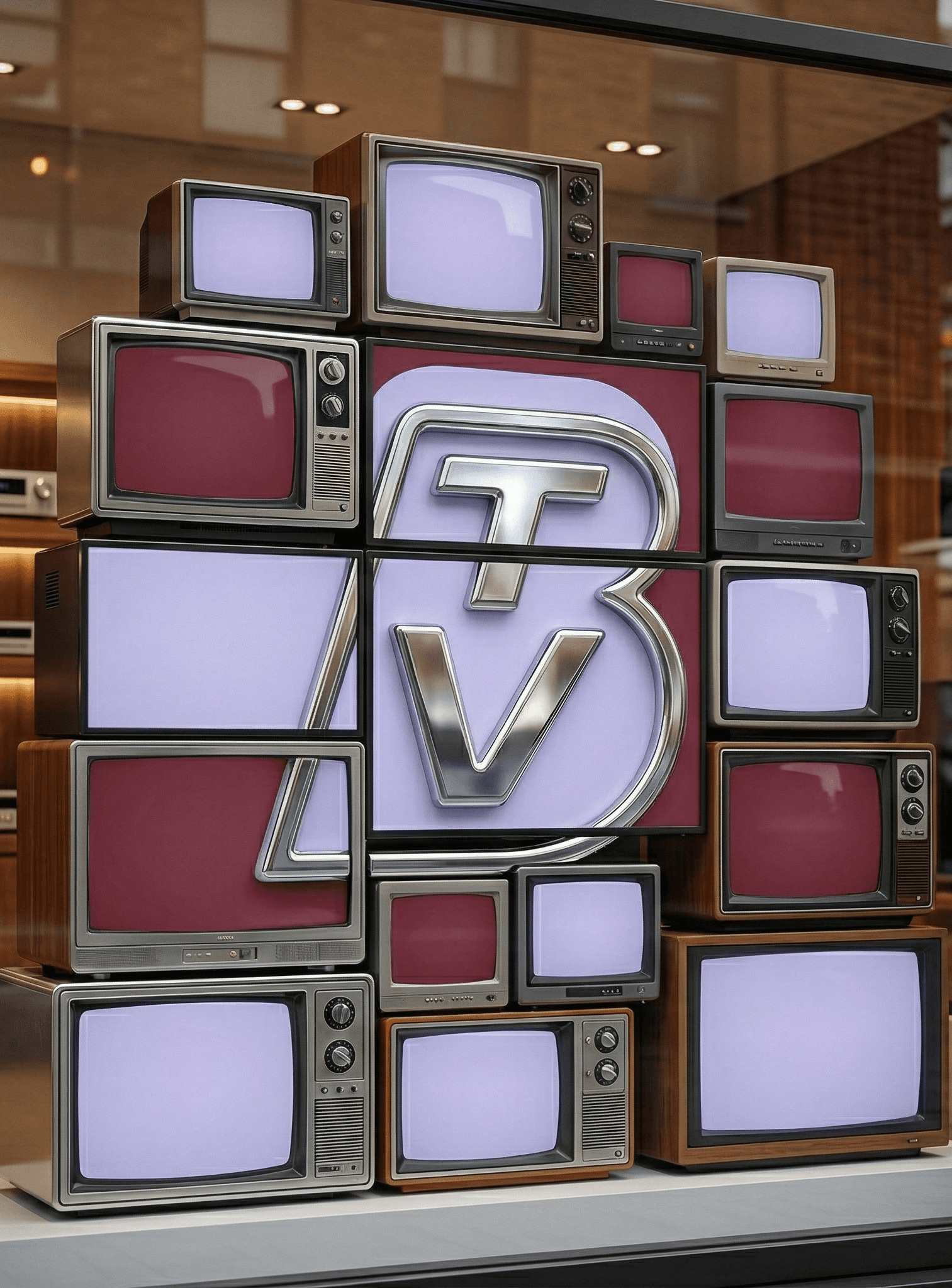 Wall of stacked vintage televisions with the BrandTV logo displayed on screen