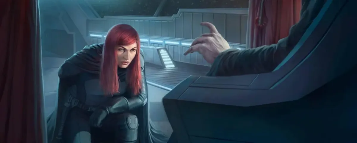 Mara Jade in a black cloak kneeling before Emperor Palpatine, but we only see his hand