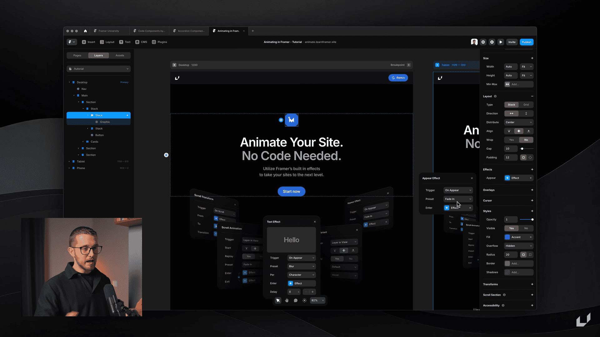 Tutorial screen displaying interactive animations in Framer, emphasizing no-code solutions for dynamic site creation