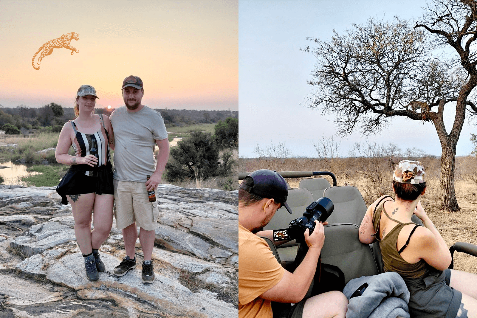 assemblage photo, a gauche, un couple dans la savane sud africaine, a droite, un couple qui prend en photo un leopard dans un arbre
