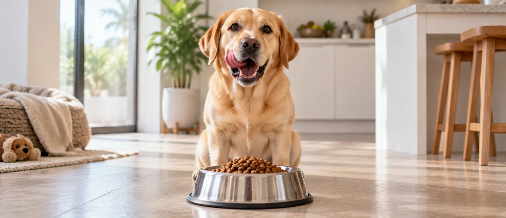A Labrador sitting beside a full bowl of kibble, licking its lips.