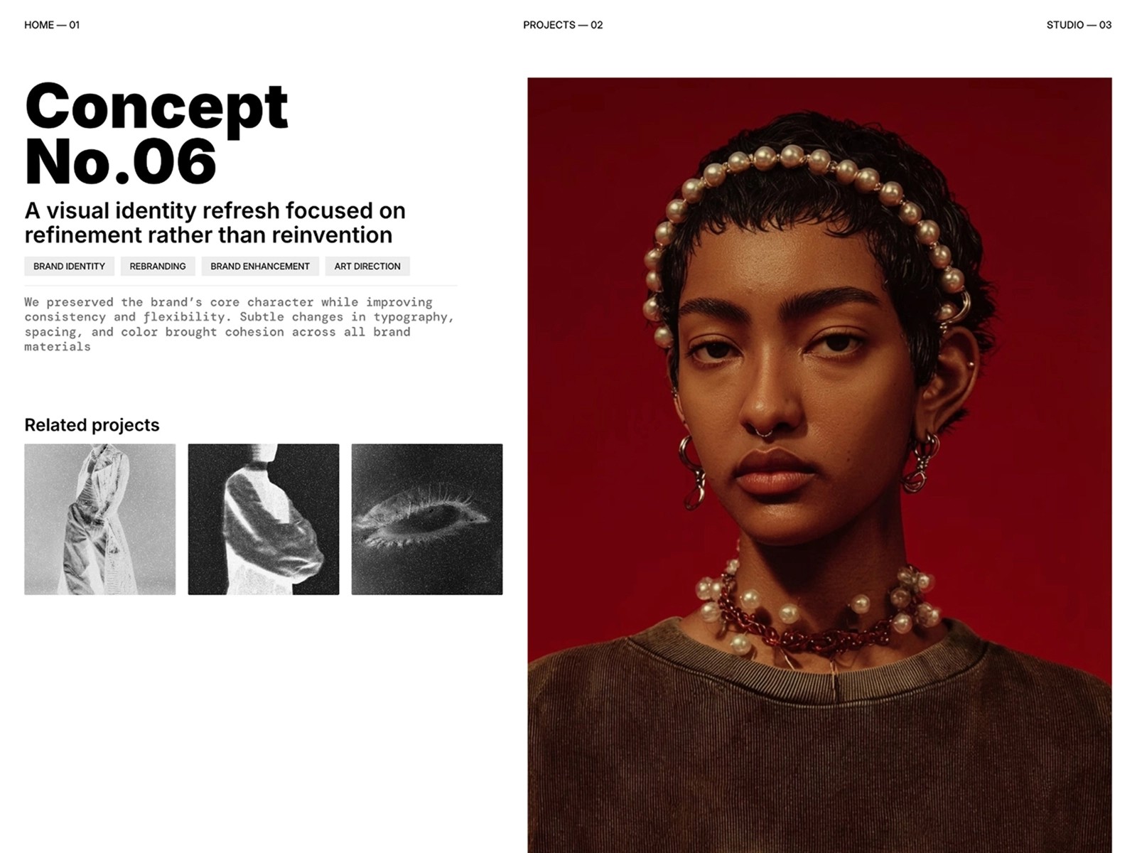 Person with pearl accessories against a red backdrop, text on the left.