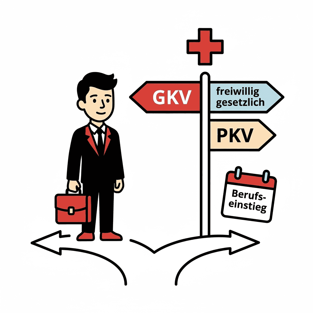 Mann im Anzug mit Aktentasche steht vor Wegweiser mit den Schildern 'GKV', 'freiwillig gesetzlich', 'PKV' und Kalenderblatt 'Berufseinstieg'.