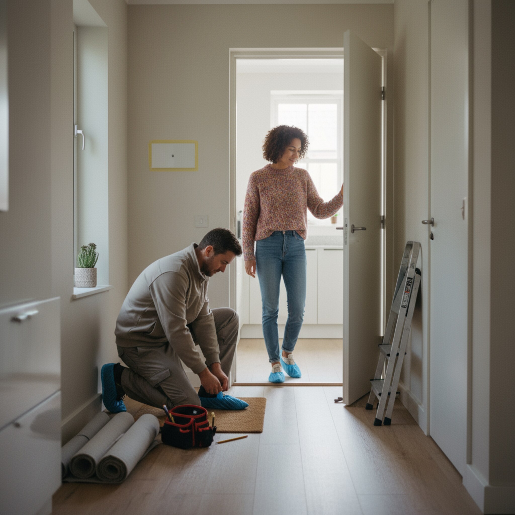 Vor einer Haustür kniet ein Techniker, richtet Schutzschuhe und sortiert Bleistifte. In der Diele fällt weiches Tageslicht auf aufgerollte Decken und eine schmale Leiter. Eine Bewohnerin öffnet die Tür weiter und zeigt auf die Küchenwand. Es wirkt ordentlich und vorbereitet.