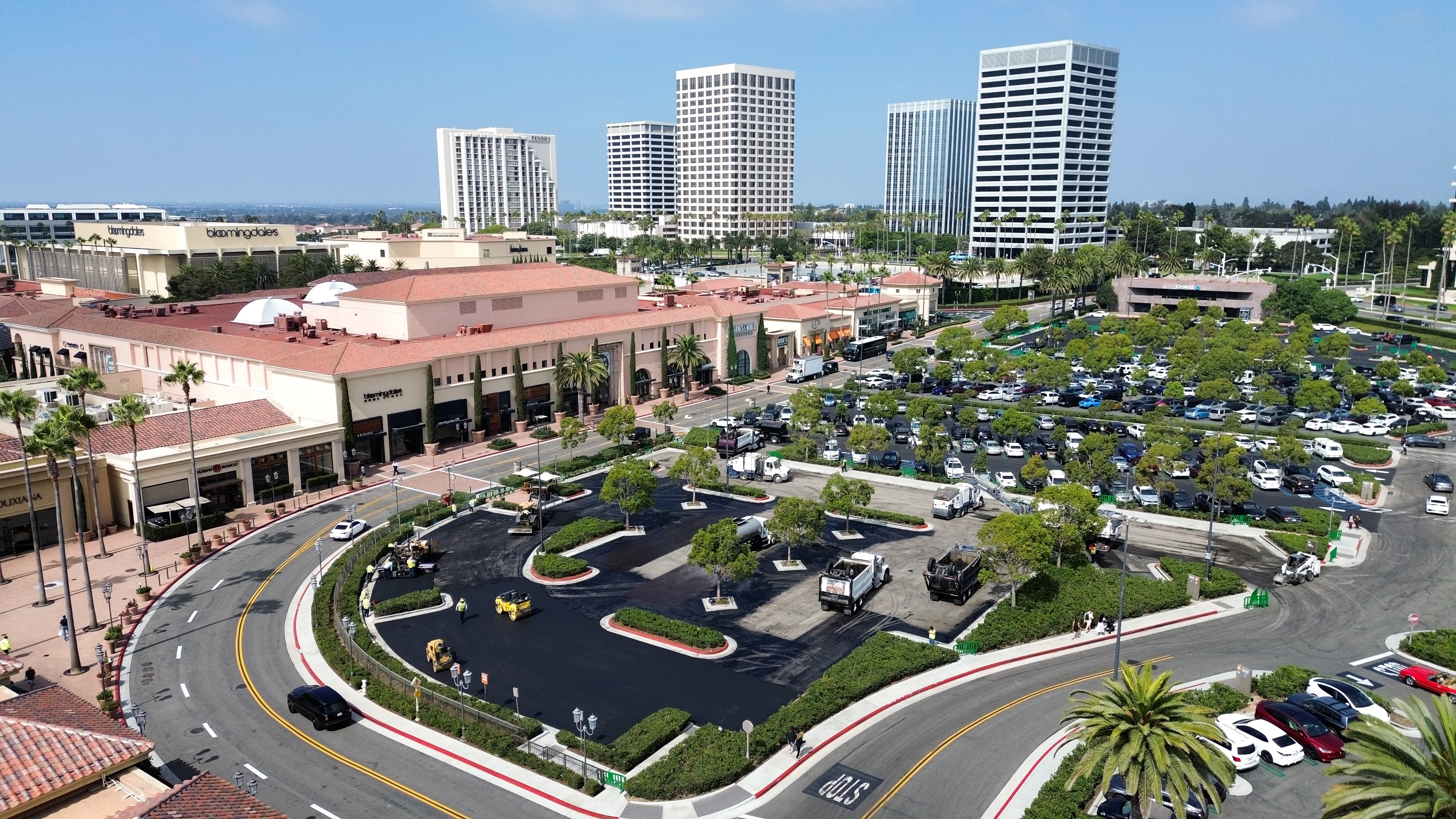 Aerial drone photo of freshly paved shopping center parking lot project