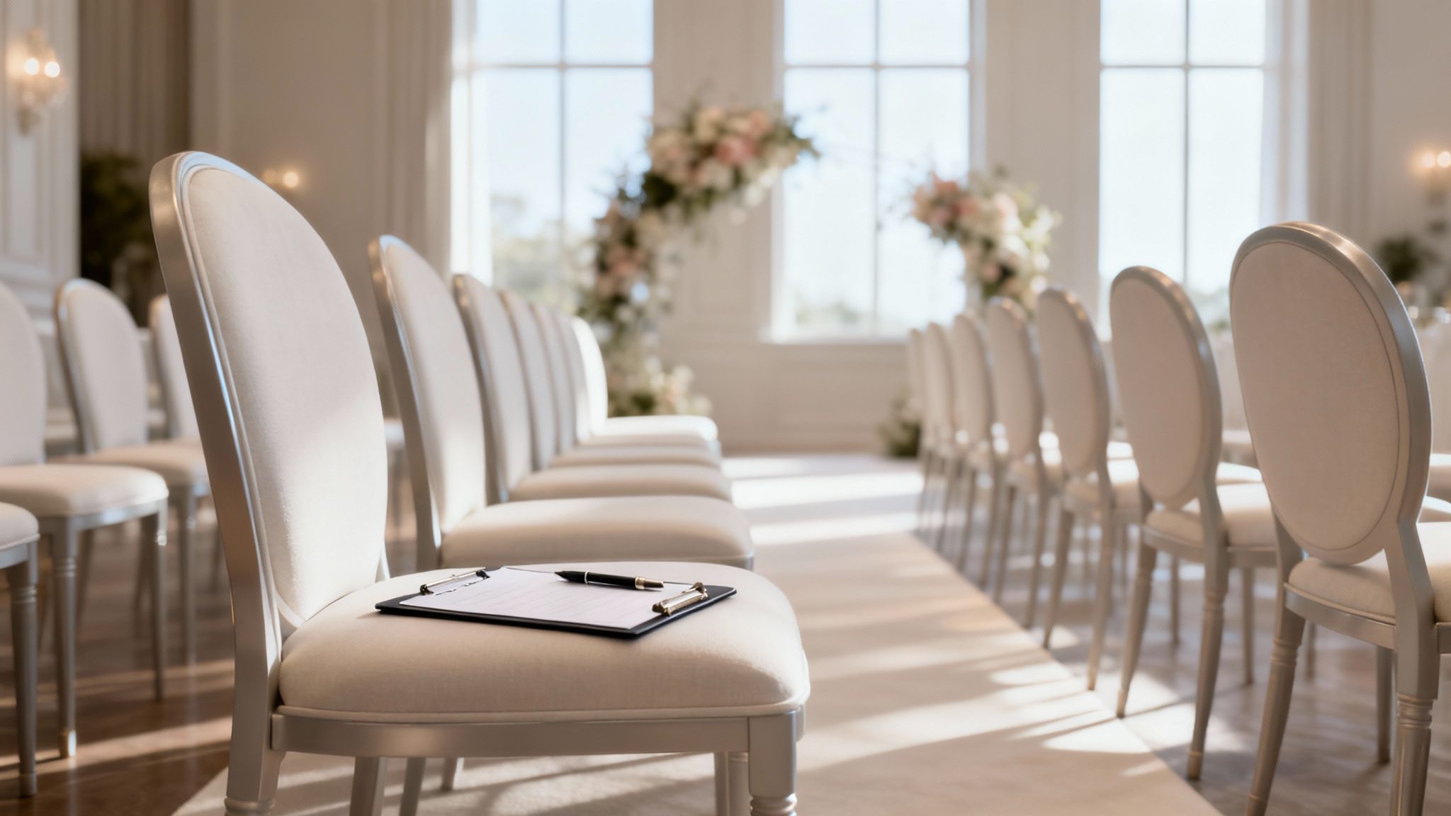 An elegant event room with rows of chairs, one holding a feedback questionnaire with a pen.