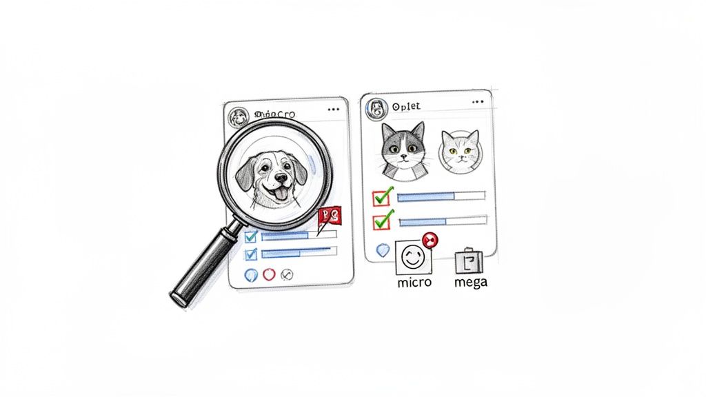 An illustration showing two app profiles, one with a dog and magnifying glass, the other with cats, data, and icons.
