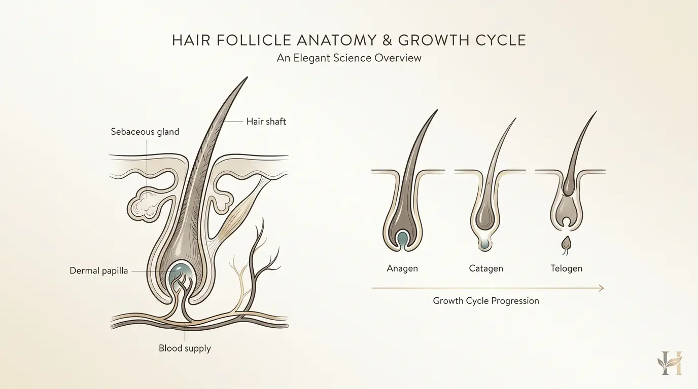 Illustration of a hair follicle and dermal papilla receiving exosome and peptide signals during the growth phase