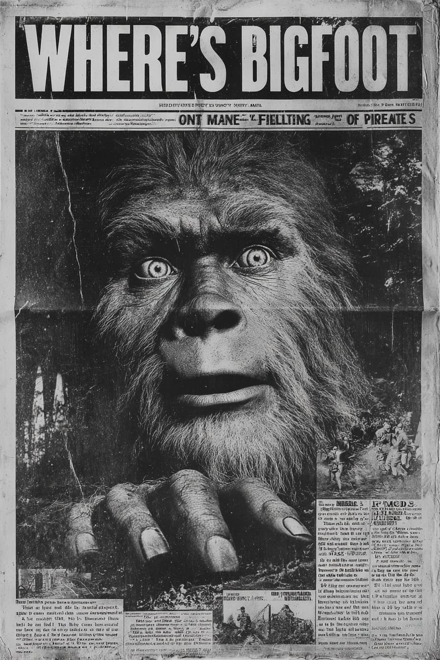 ein Zeitungsartikel, die überschrift ist "wheres bigfoot", darunter ist ein bild von bigfoot