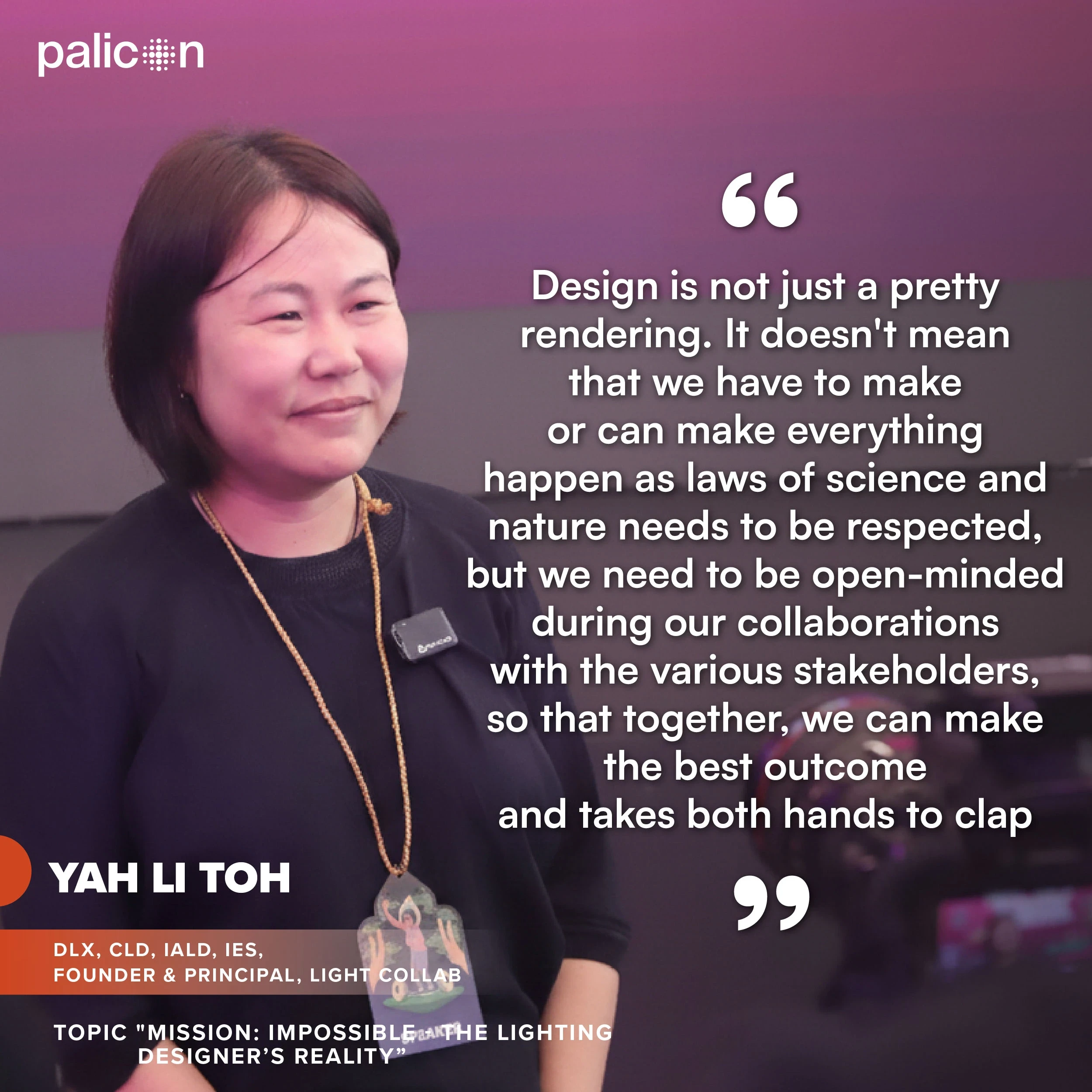 Yah Li Toh speaking about collaboration in lighting design at Palicon conference