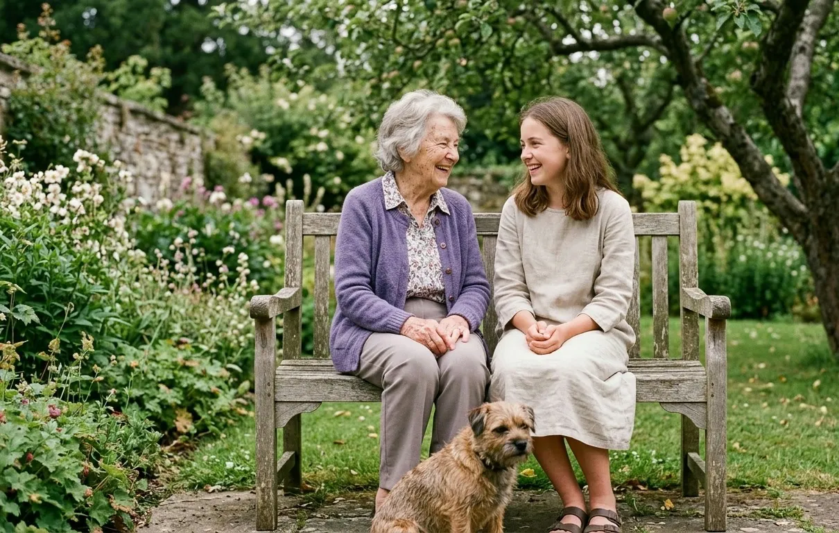 A resident laughing with her granddaughter on a garden bench