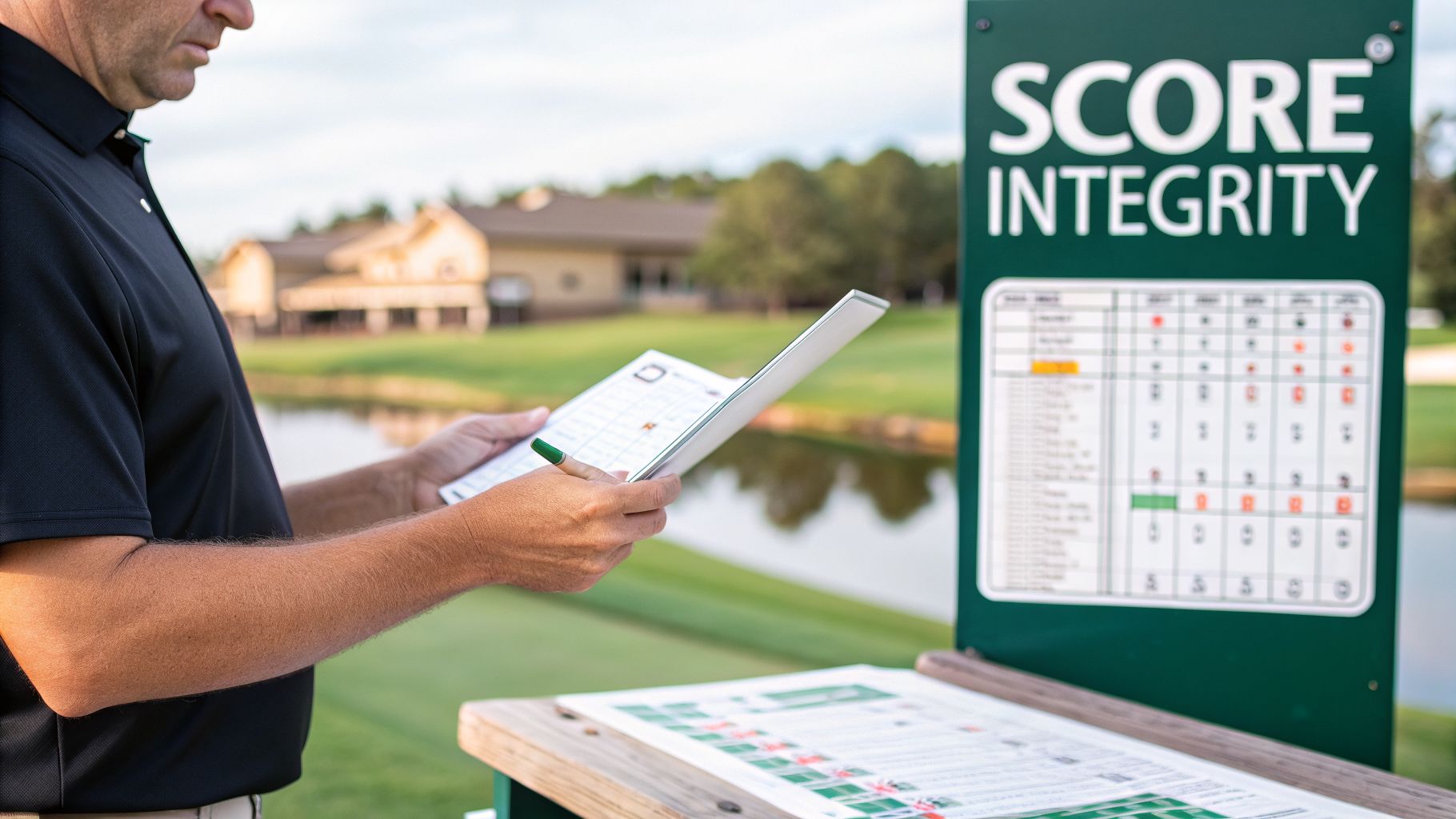 A golfer records scores on a scorecard next to a 