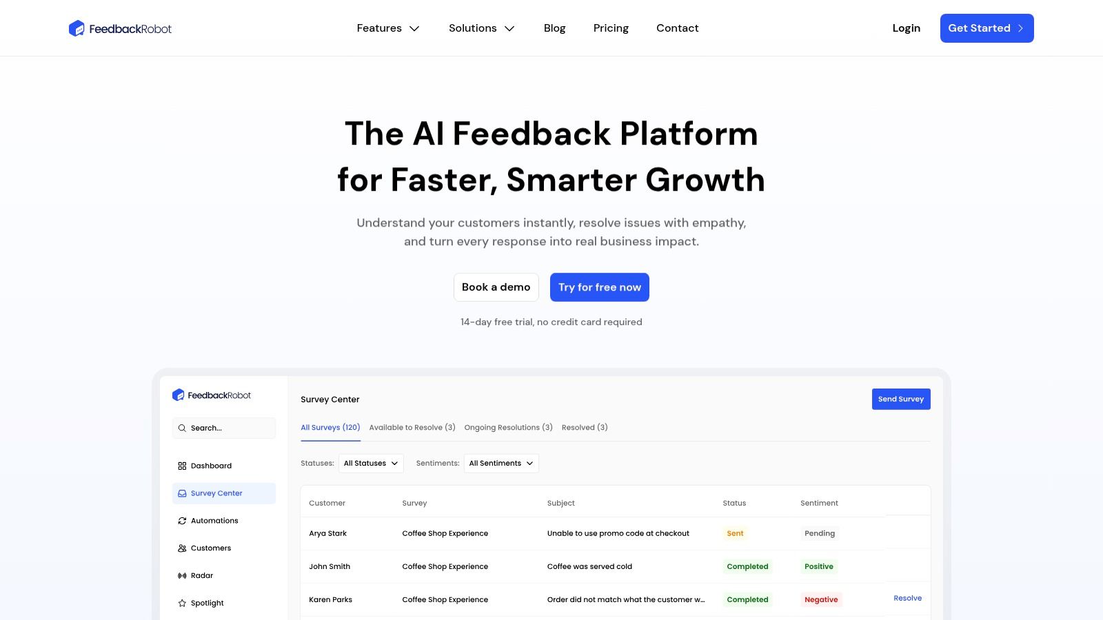 A customer feedback dashboard for a restaurant showing sentiment analysis, review sources, and trends over time.