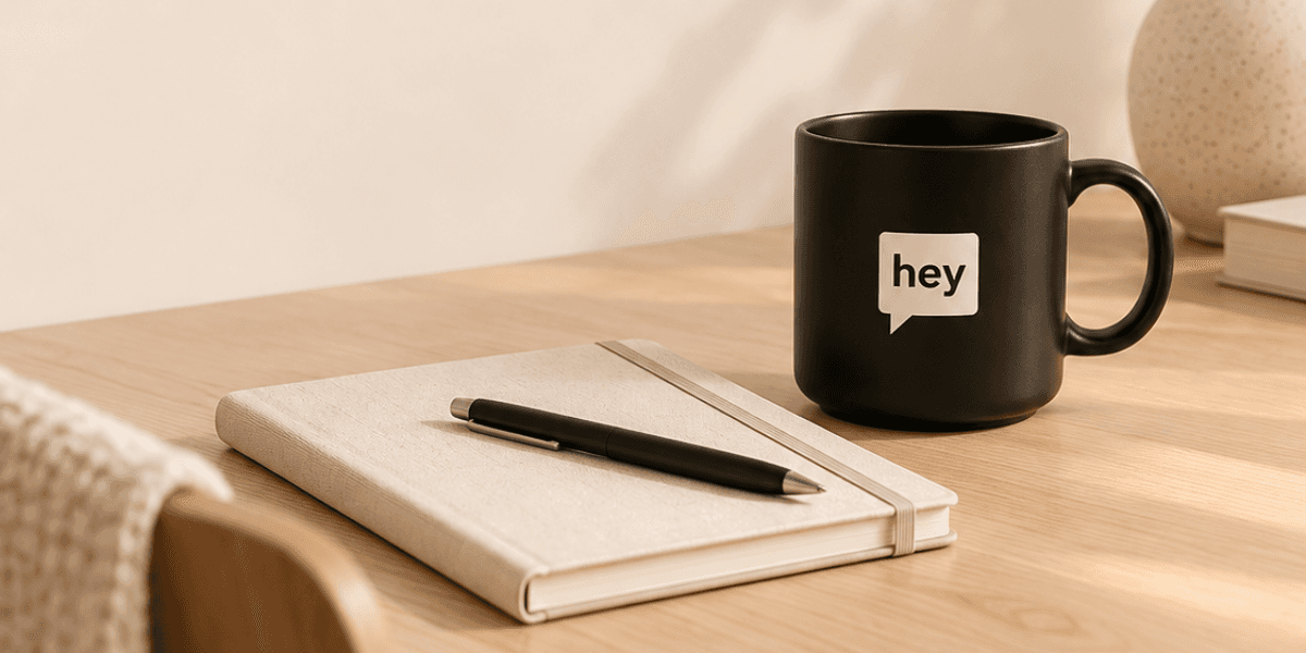 Black coffee mug with Hey Jano Marketing Logomark on desk next to notebook and pen