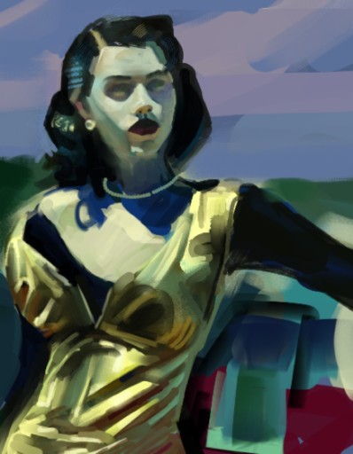 A woman in a gold dress, in bold blocks of color, face drawing by cybernaut