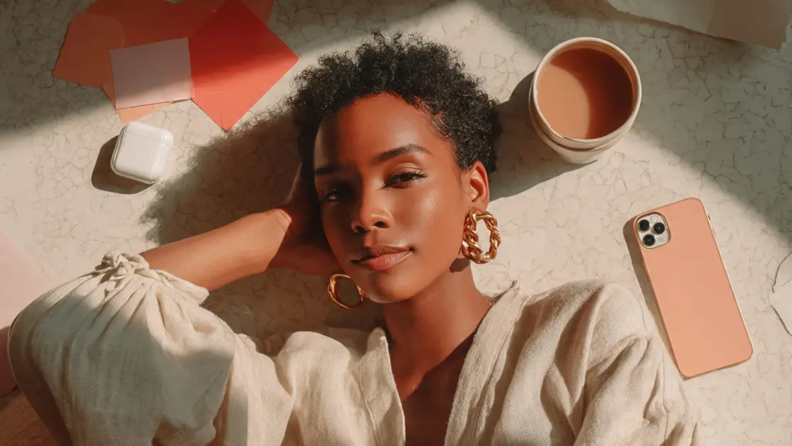 Overhead lifestyle flat lay of a woman in a cream blouse surrounded by a coffee mug, iPhone, AirPods, and terracotta paper shapes on a marble surface