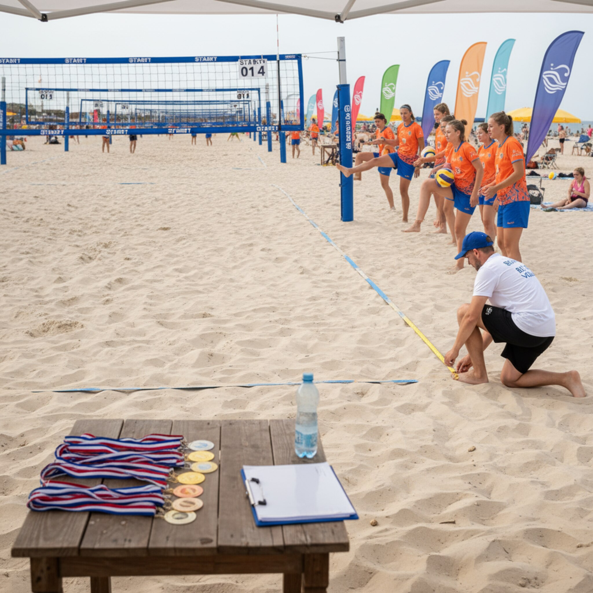 Mehrere Courts liegen nebeneinander, am Netz hängen kleine Tafeln mit Startnummern. Eine Gruppe mit Trikots wärmt sich am Rand auf, während ein Helfer die Linien prüft. Ein Stapel Medaillen liegt auf einem Tisch bereit, die Turnieratmosphäre ist greifbar und konzentriert.