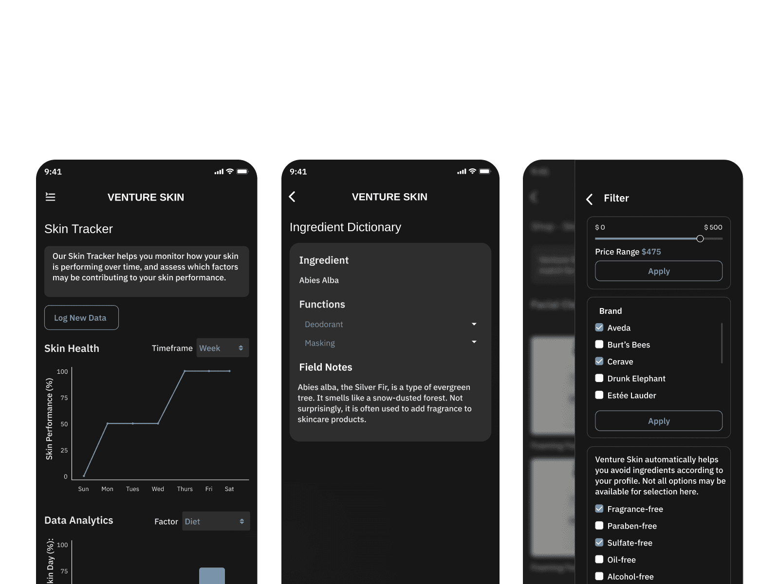 3 screens of the Venture Skin app