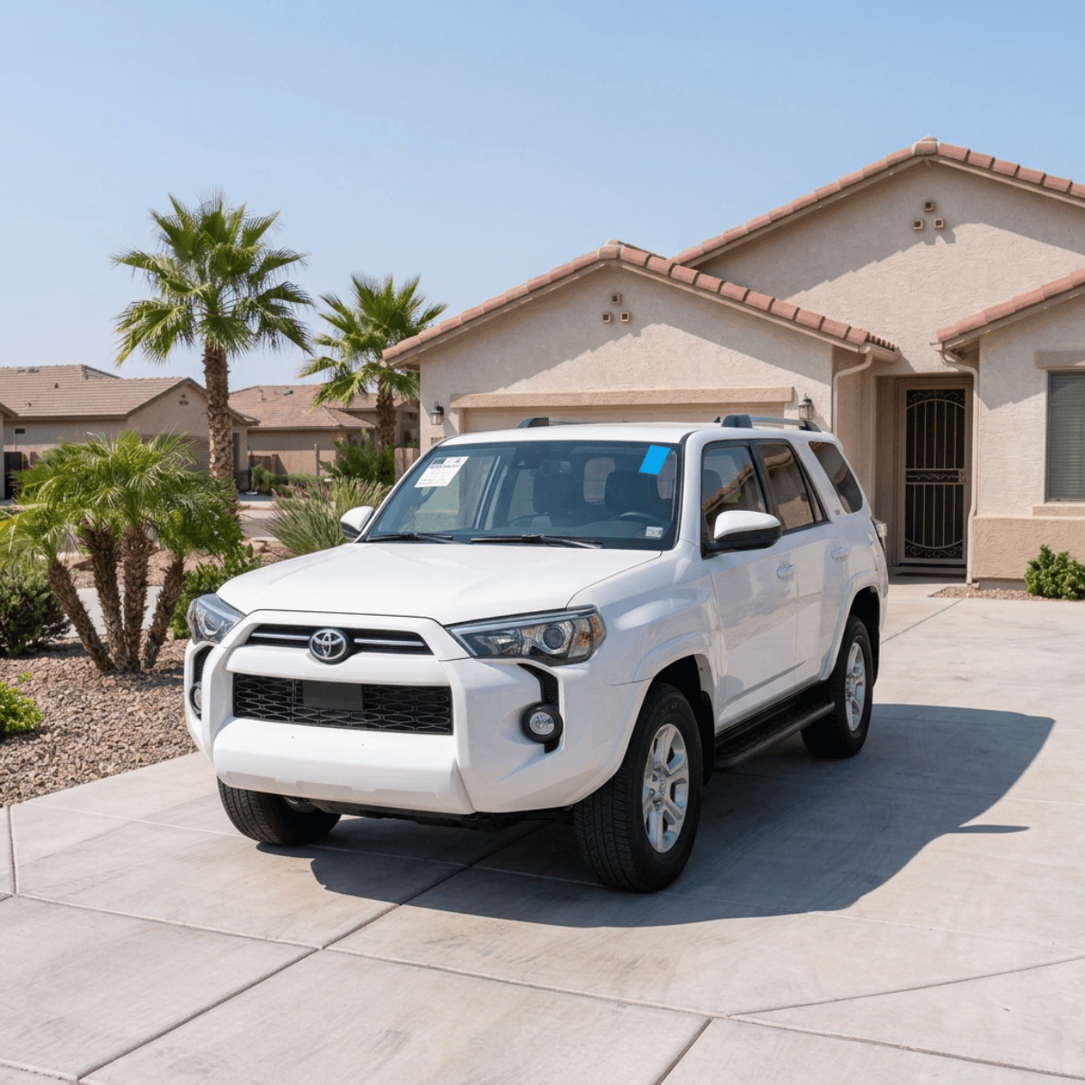 Windshield replacement completed on a white Toyota 4Runner at a home in Wellton, Arizona