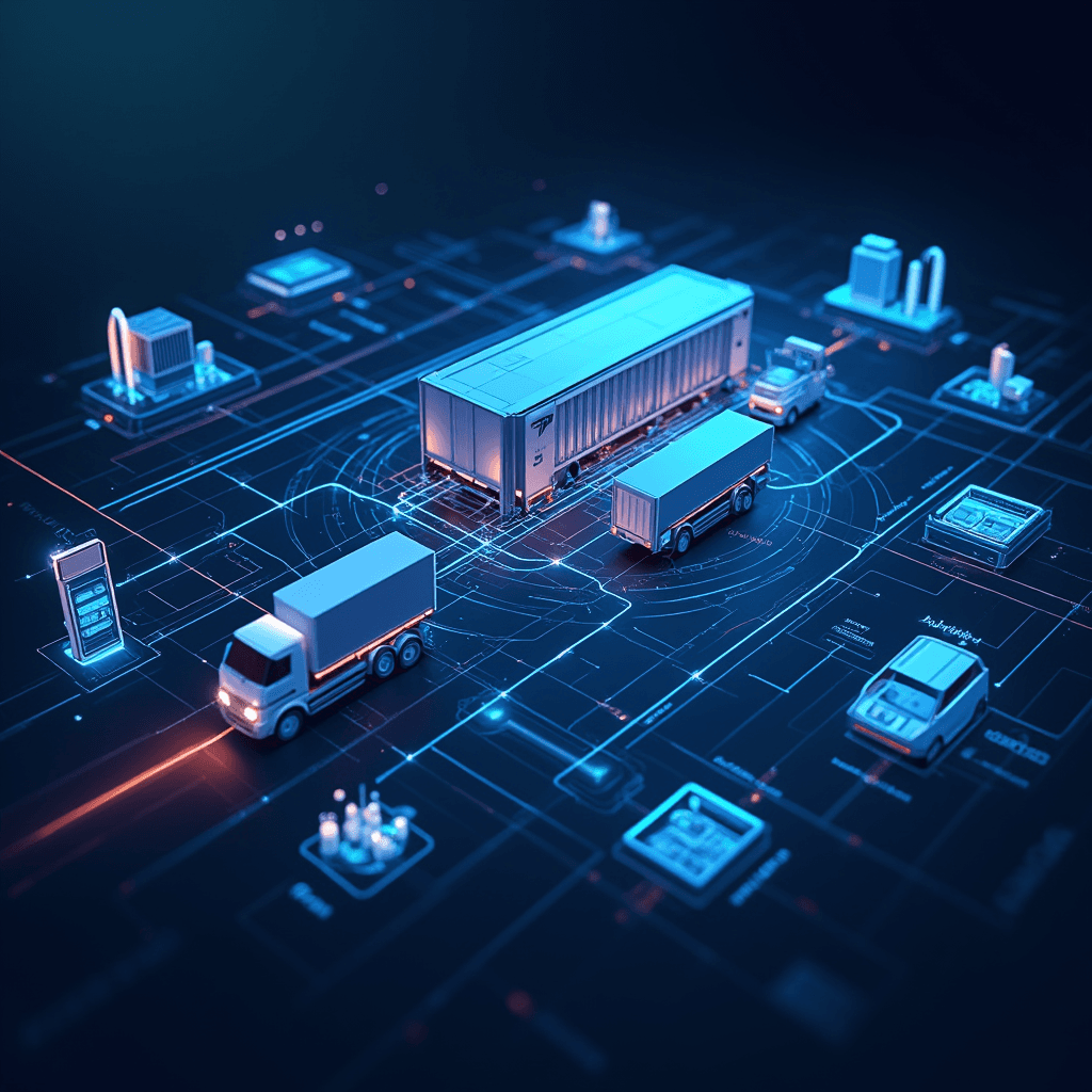 AI-powered logistics network visualizing smart transportation, warehouse automation, and real-time parcel tracking across connected systems