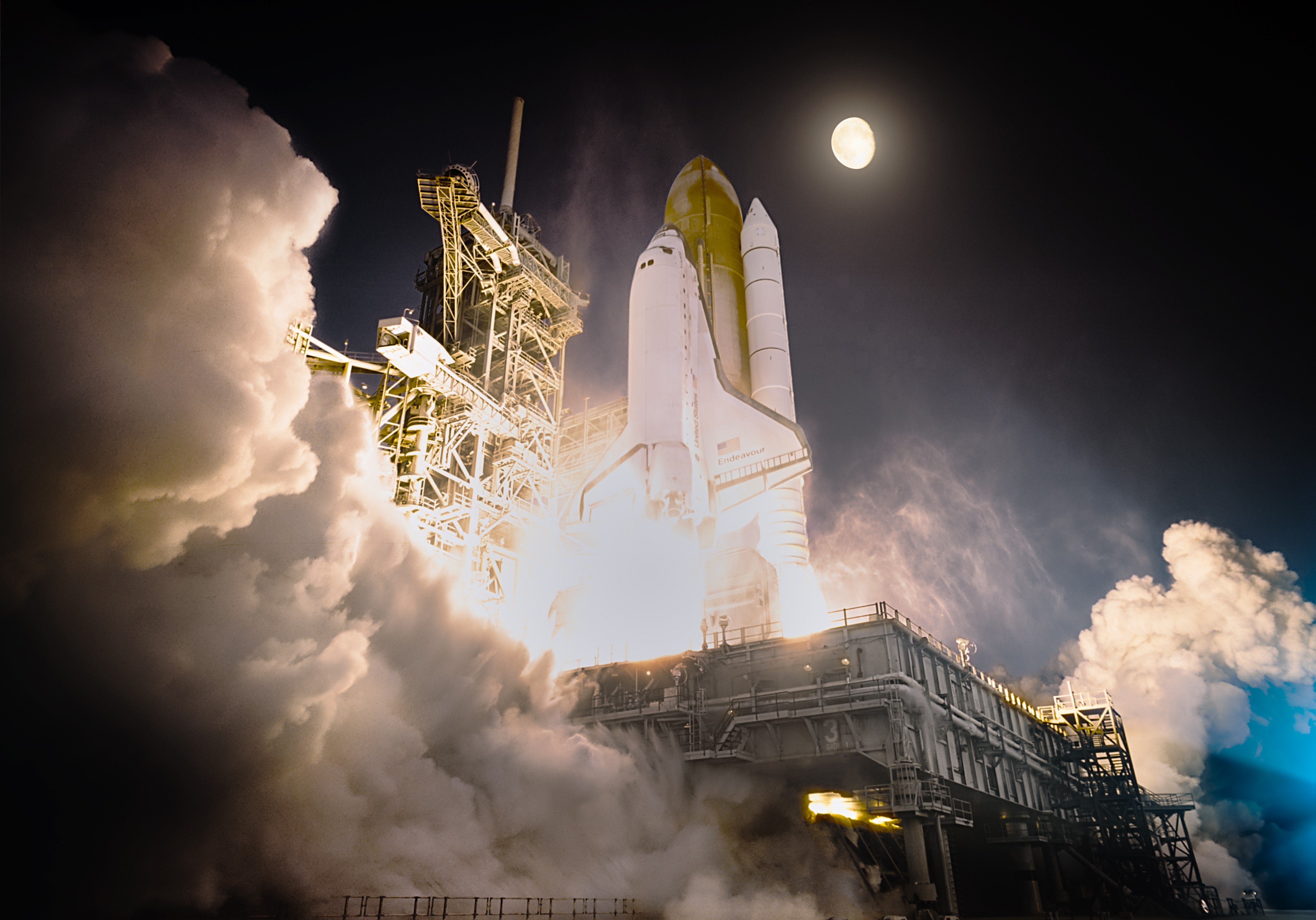 The liftoff of a NASA Space Shuttle from the Kennedy Space Center