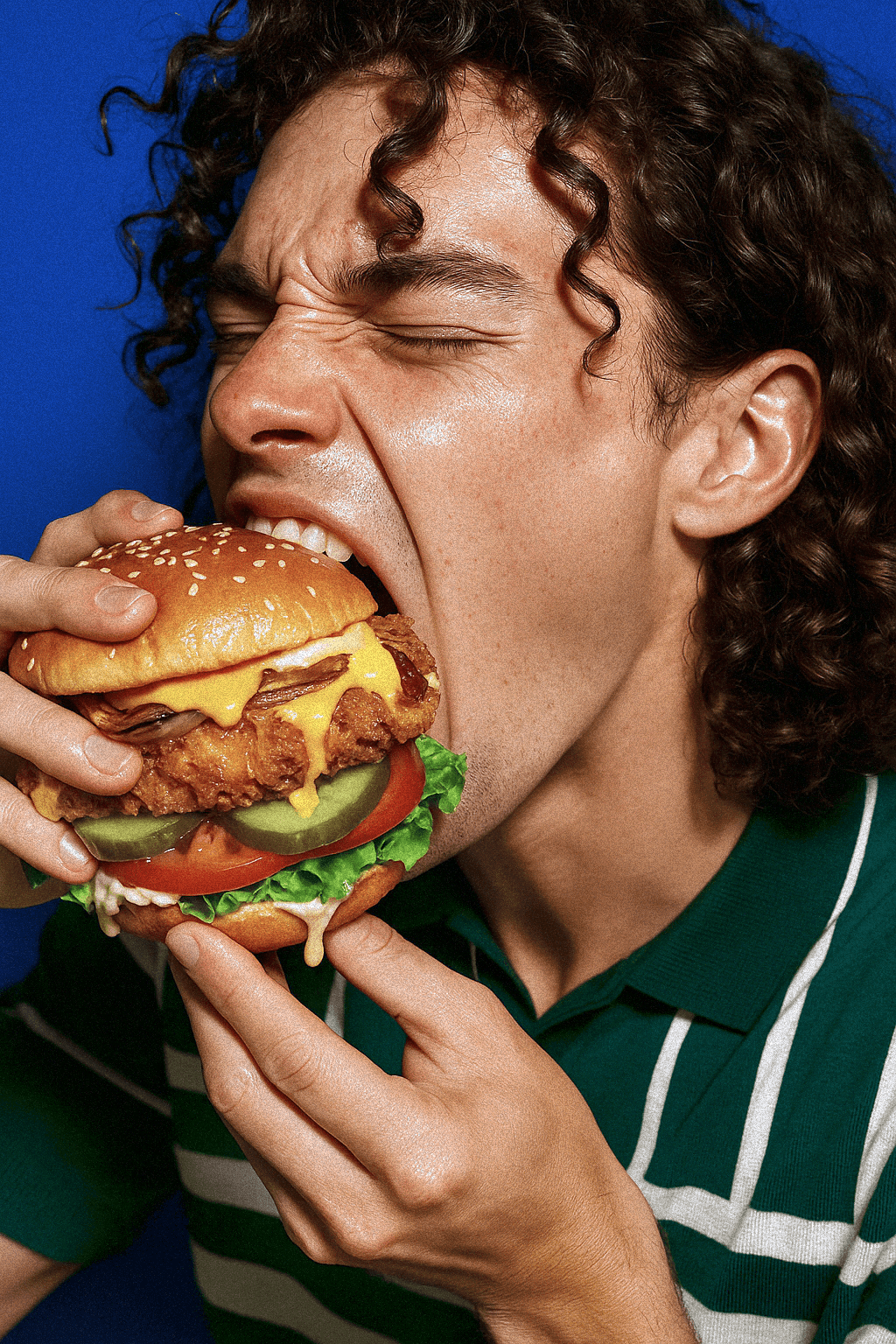 Person taking a big bite of a fried chicken burger with cheese, lettuce, tomato, and pickles, wearing a green striped shirt.