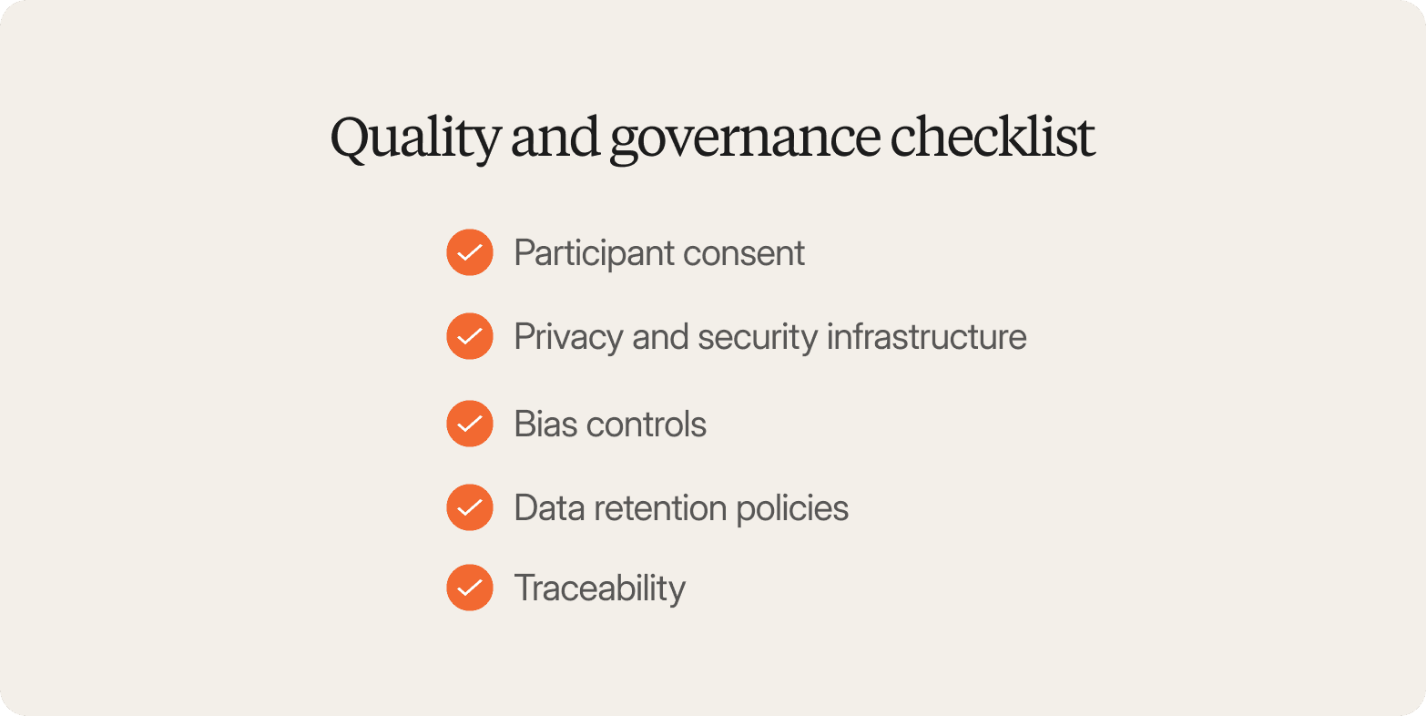 Cream-colored graphic titled "Quality and governance checklist," listing five orange-checked items: participant consent, privacy and security infrastructure, bias controls, data retention policies, and traceability.