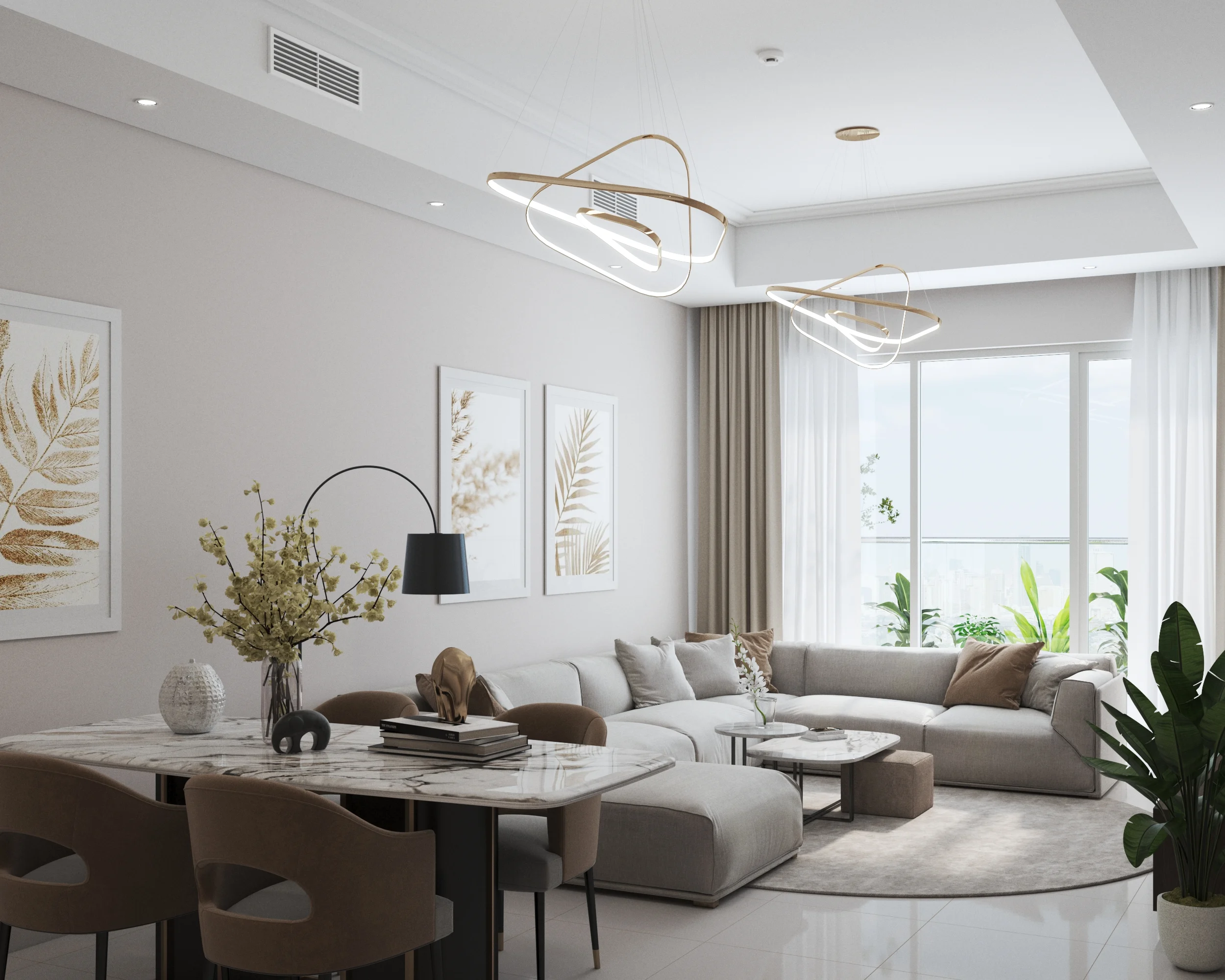 Spacious, sun-lit living room in a modern apartment. Perfect for families seeking luxury real estate in Ajman.