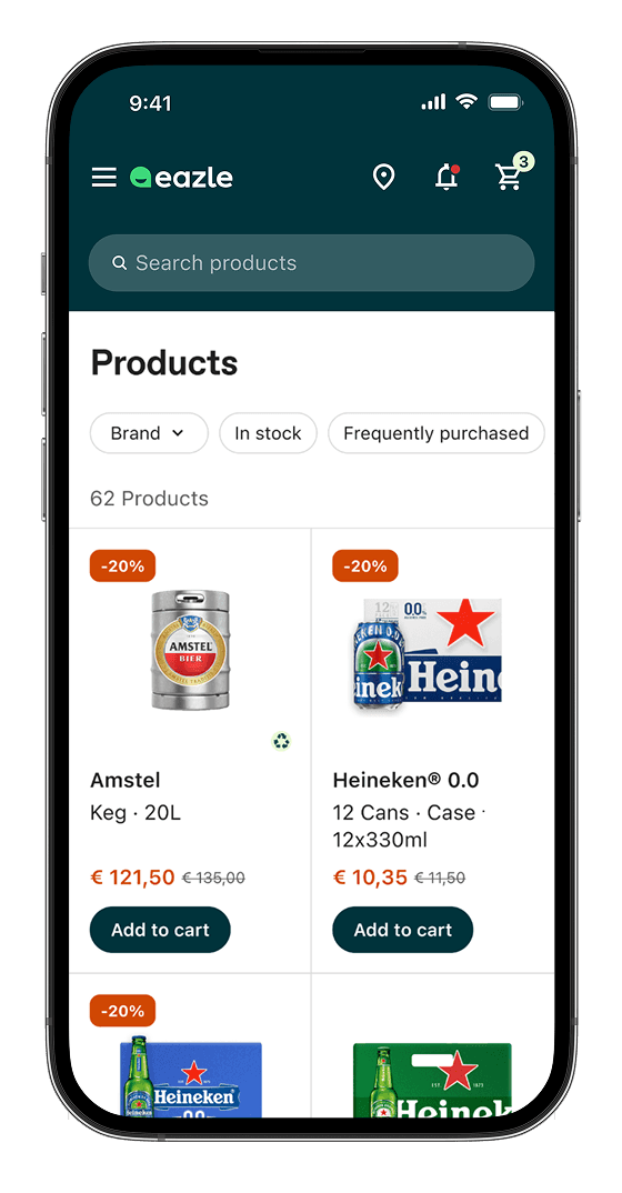 Mobile app showing products page
