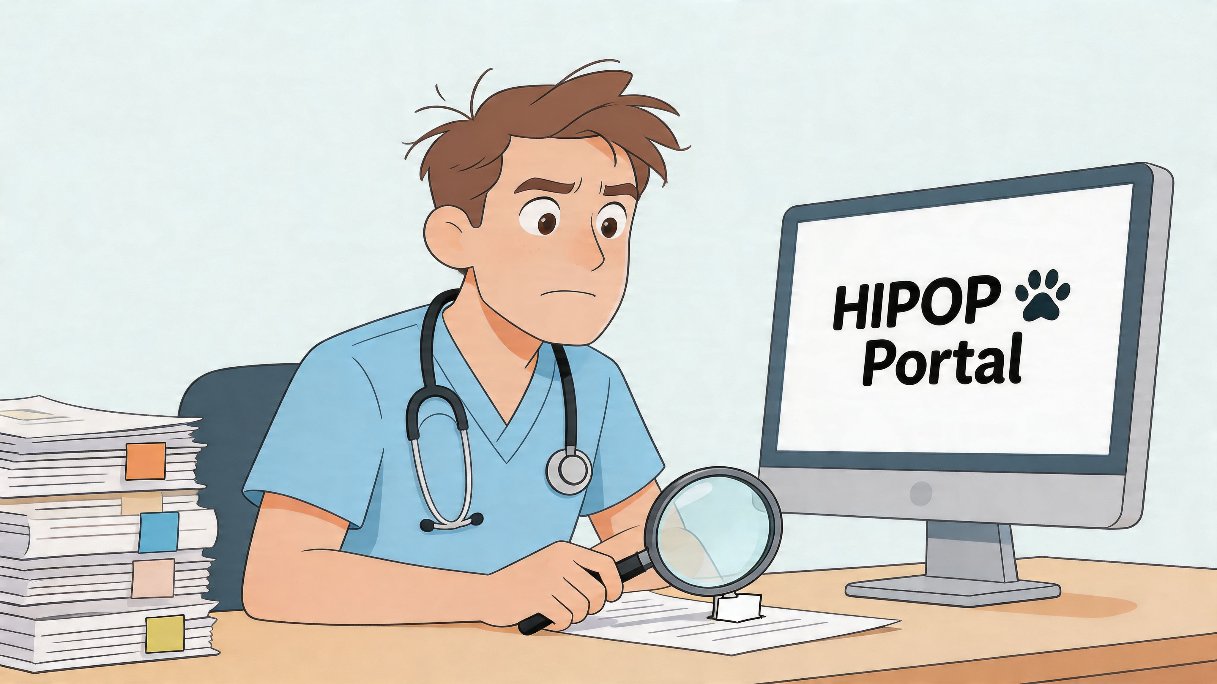 A worried veterinarian using a magnifying glass to inspect documents next to a computer portal.