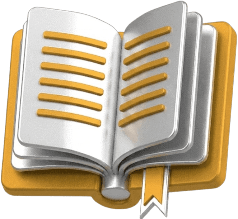 A three-dimensional icon of an open book with metallic silver pages and a metallic gold cover. The pages have raised gold horizontal lines representing text, and a gold bookmark is visible.