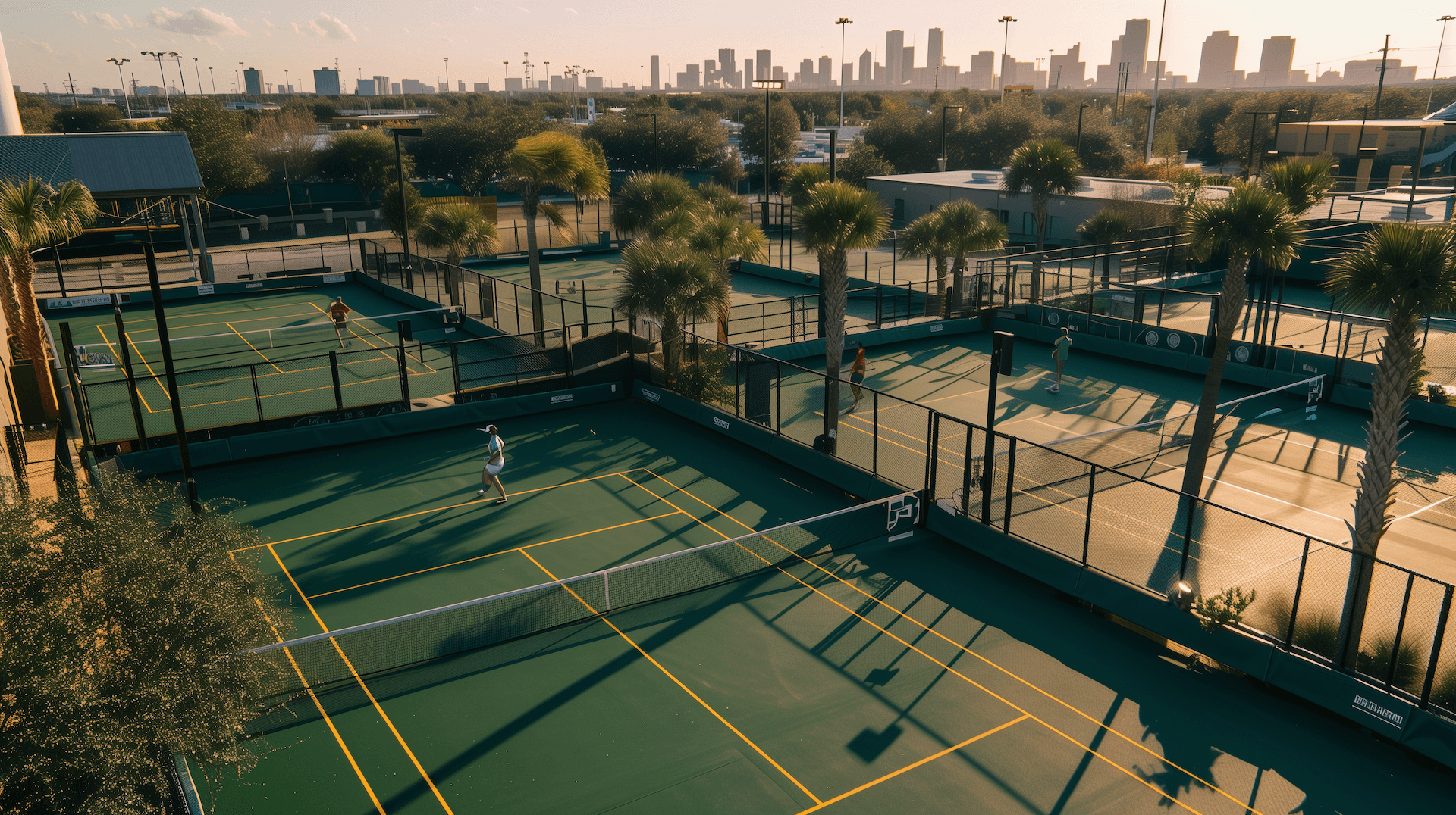 4 picklball courts with palm trees and the city in the background