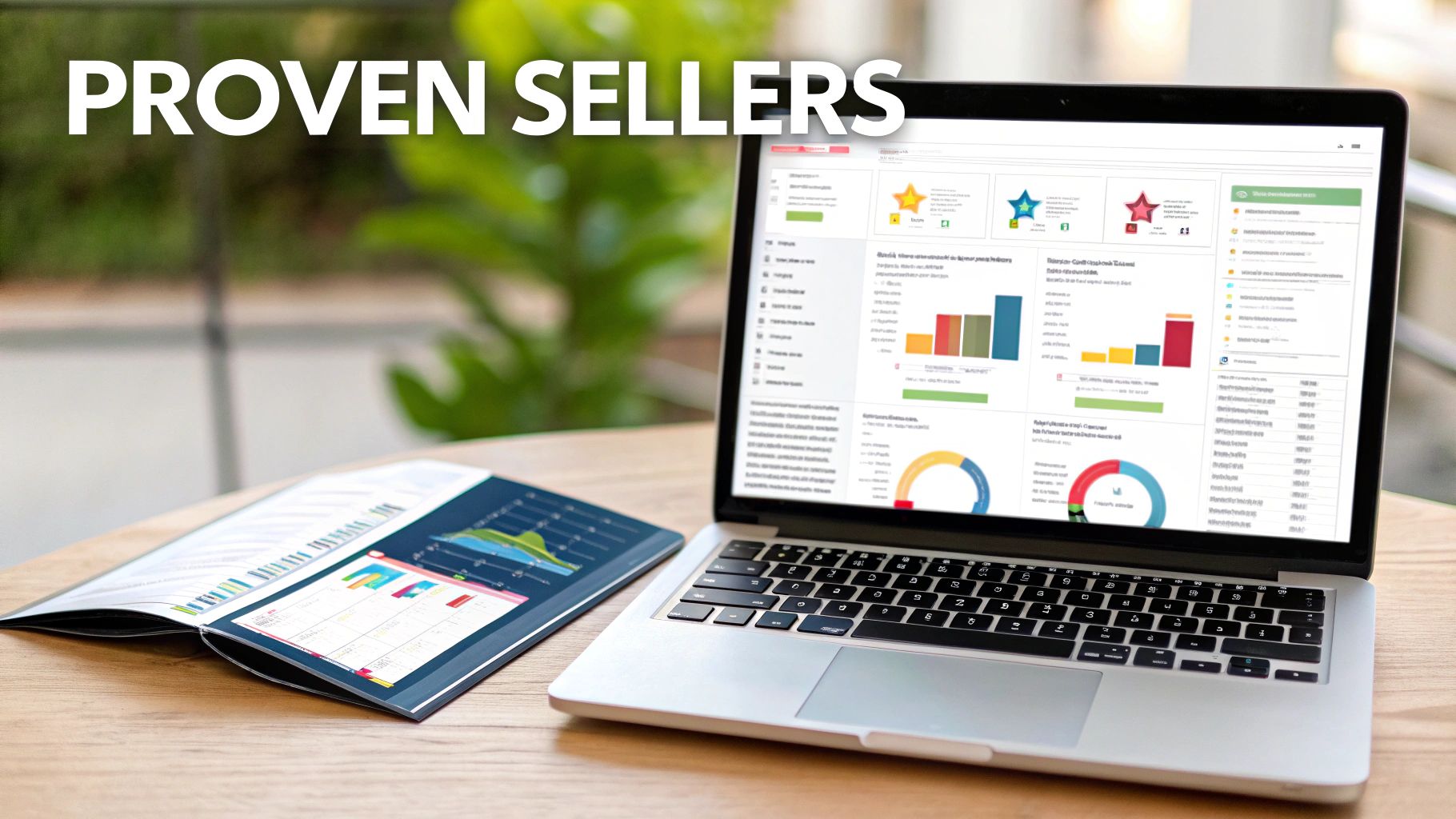 Laptop and tablet displaying colorful sales analytics dashboards and performance charts on wooden desk
