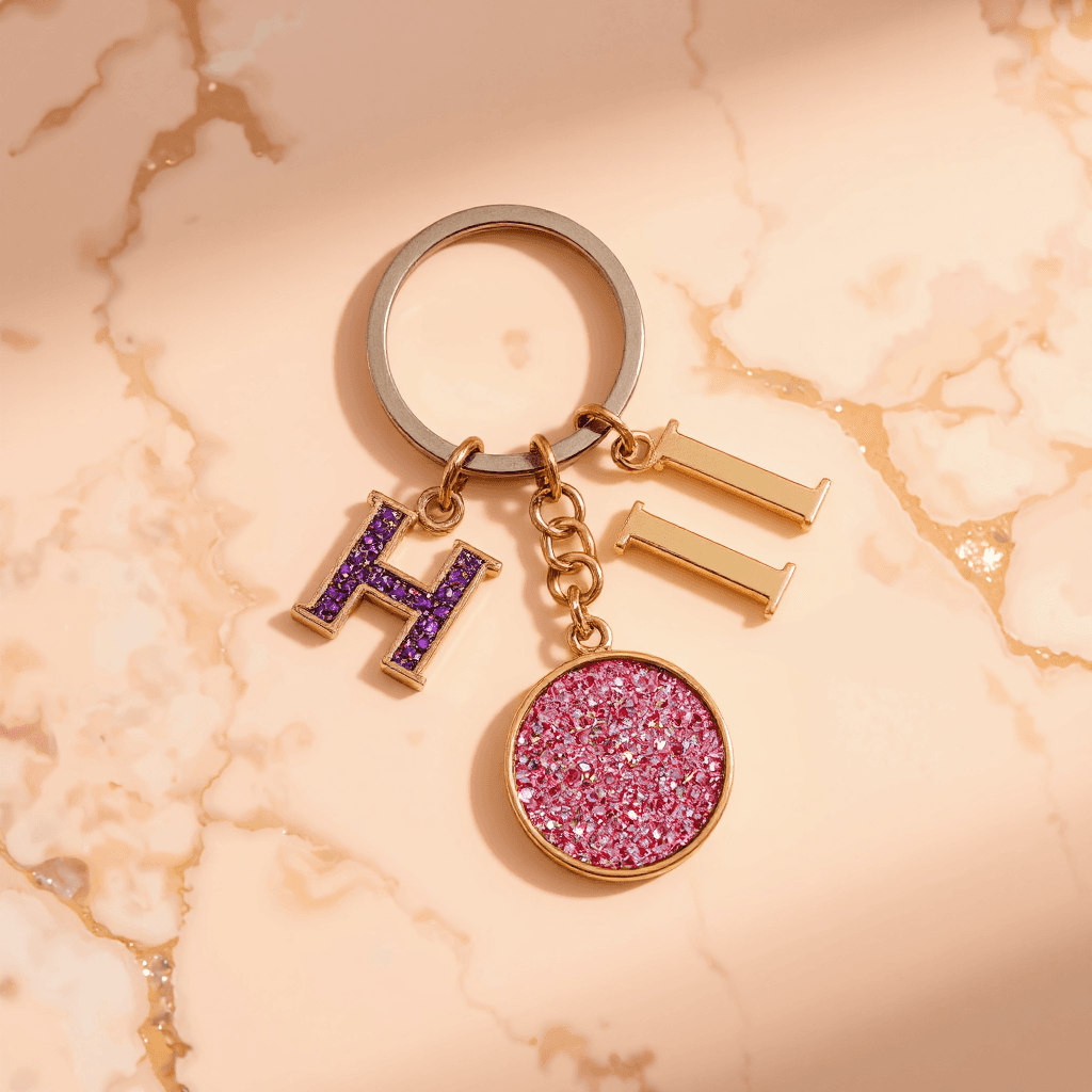 product photography of keychain with decorative letters
