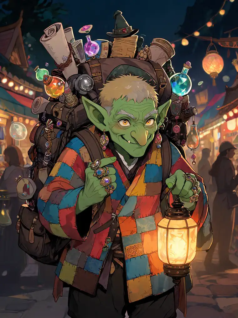 fantasy anime character with a green goblin merchant carrying potions in a night market