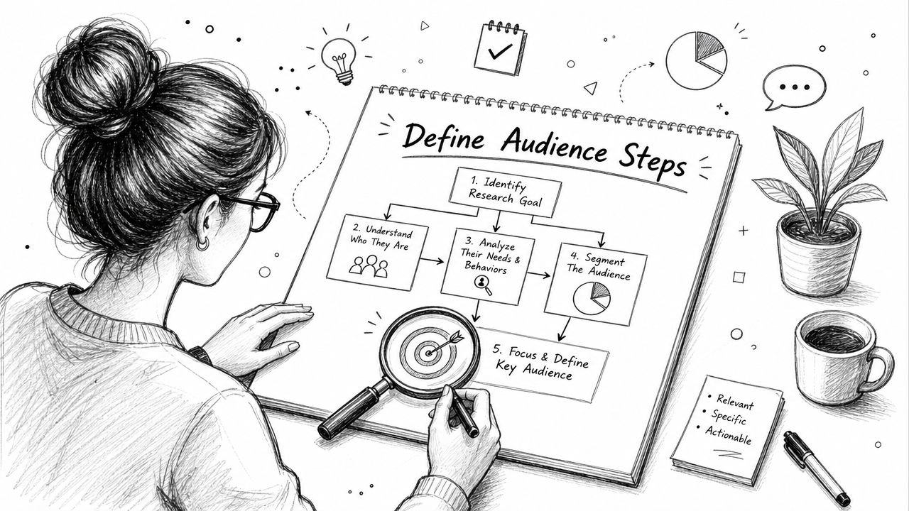 A woman sketching a flowchart titled Define Audience Steps in a notebook with a magnifying glass.